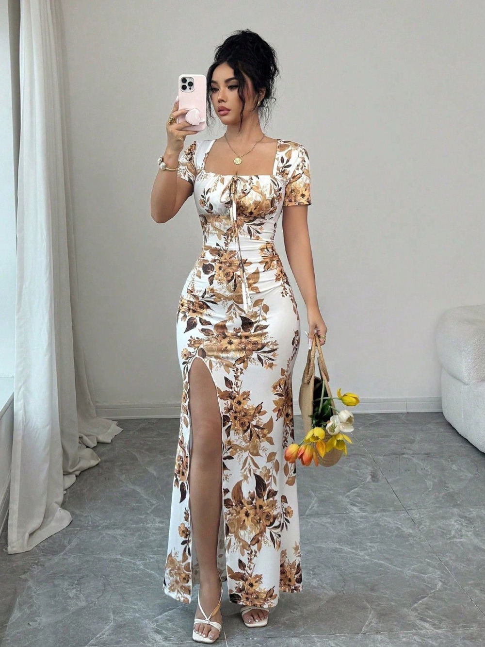 Zara Summer Short Sleeve Printed Slit Bodycon Waisted Long Dress